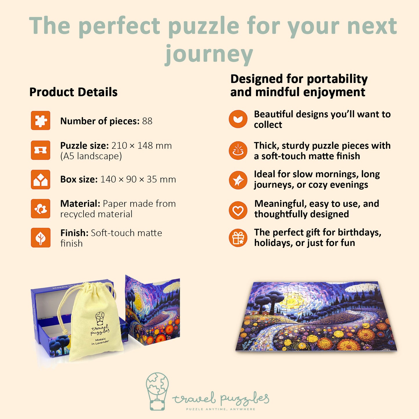 Travel Puzzles - Mosaic in Lavender - Portable Jigsaw Puzzle 88 pieces