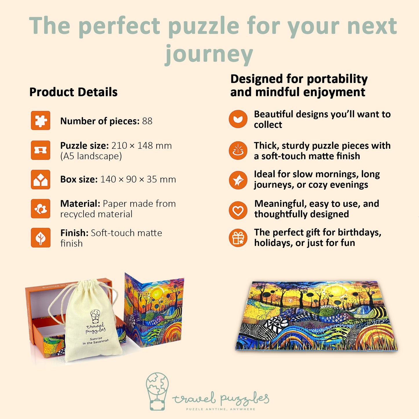 Travel Puzzles - Sunrise in the Savannah - Portable Jigsaw Puzzle 88 pieces